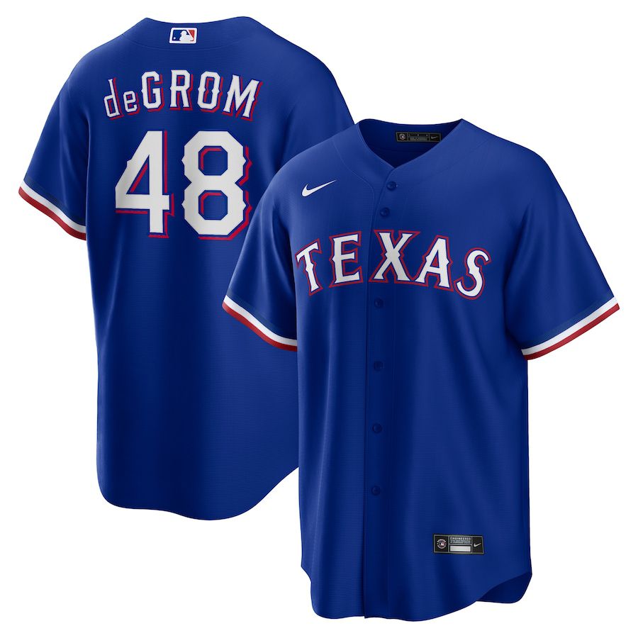 Men Texas Rangers #48 Jacob deGrom Nike Royal Away Replica Player MLB Jersey